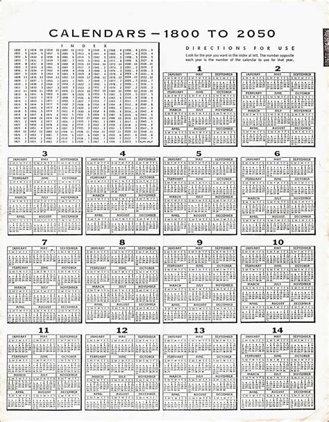 Perpetual Calendar 1800 To 2050